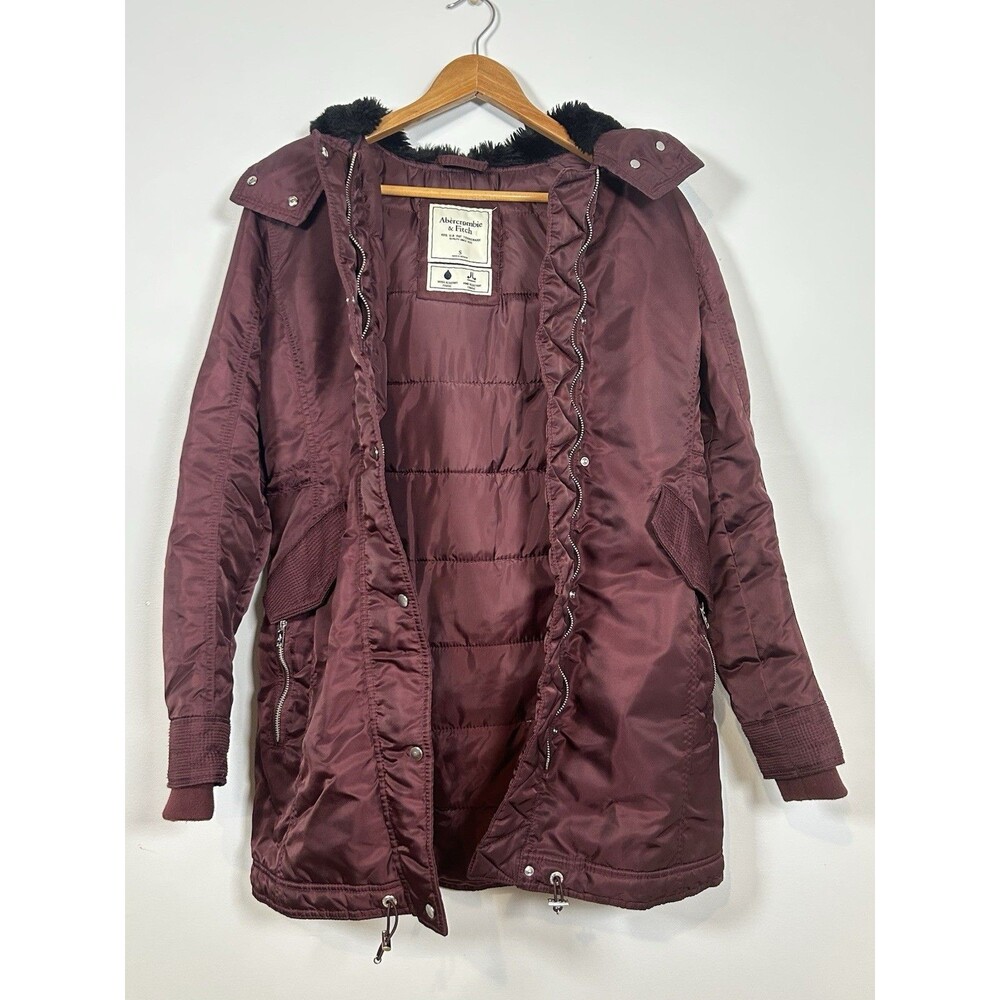 Abercrombie & Fitch Women’s Burgundy Hooded Parka Coat Small Faux Fur Trim